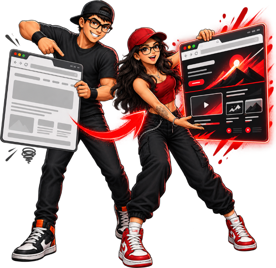 Bobby and Grecia holding a plain website beside its redesigned version