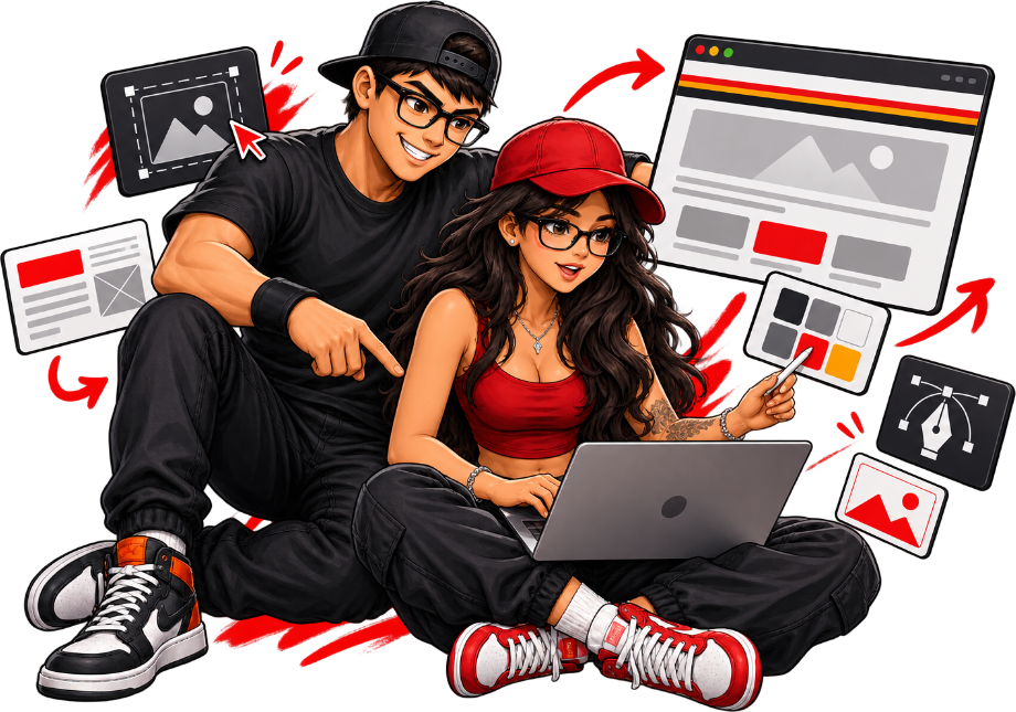 Bobby and Grecia working through layouts and colour swatches on a laptop
