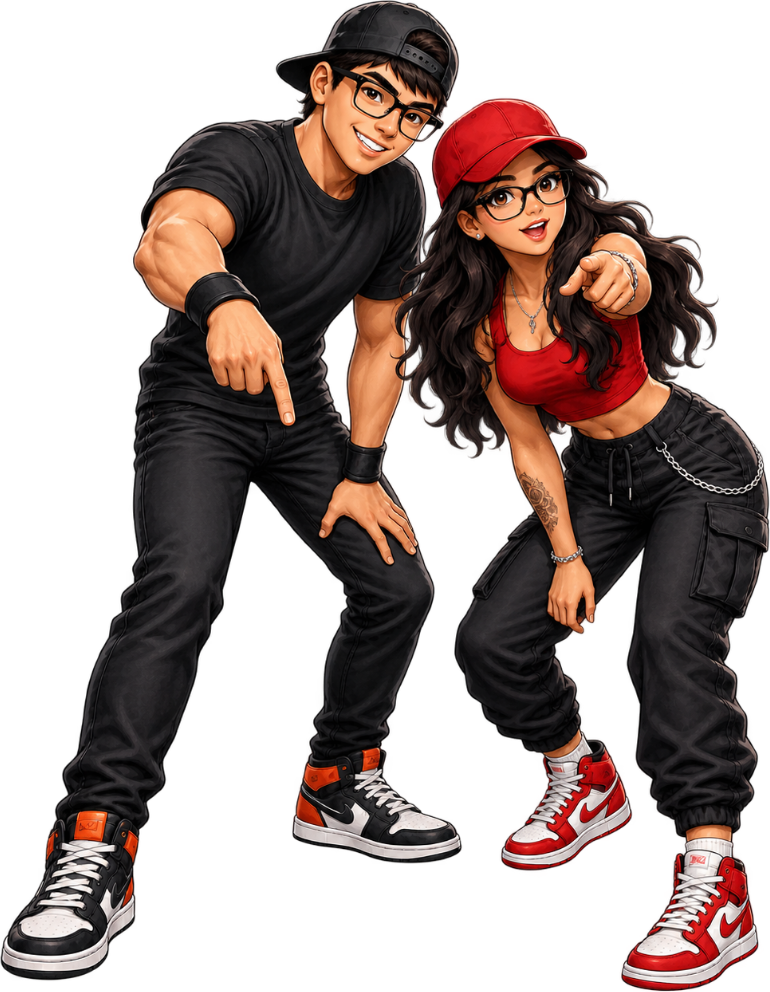 Bobby and Grecia, the Made You Look designers, pointing at a website they designed