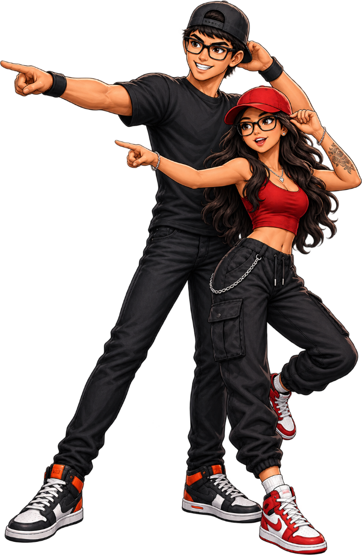 Bobby and Grecia from Made You Look pointing off to the side