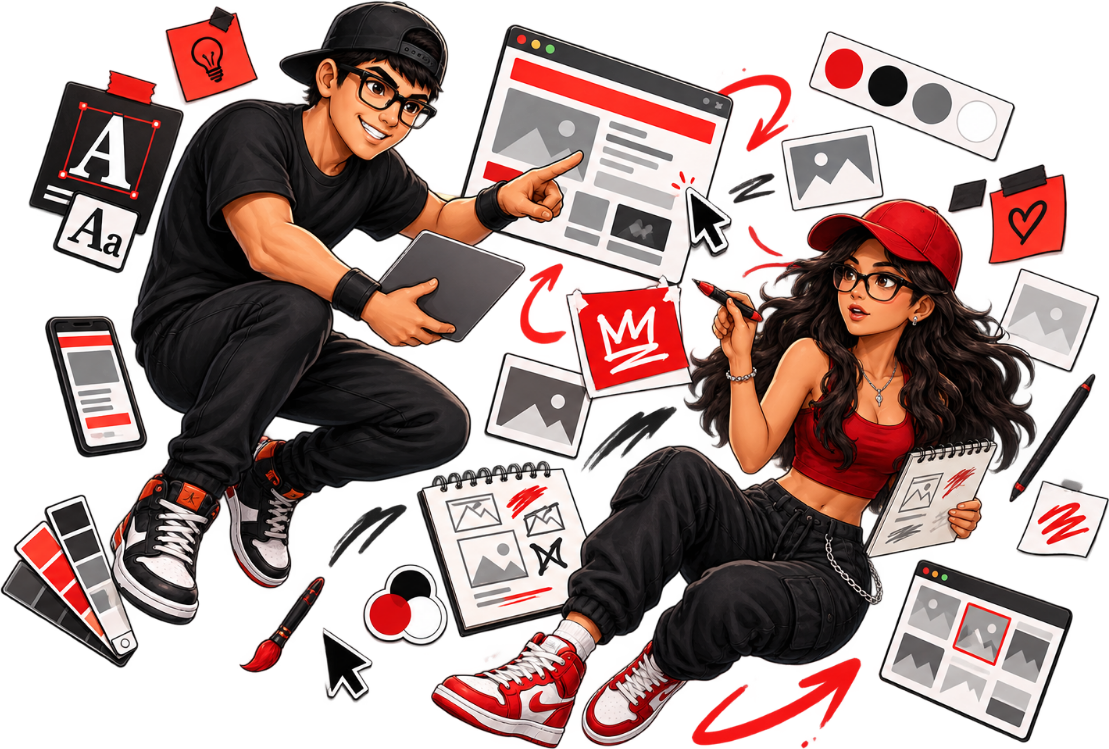 Bobby and Grecia surrounded by layouts, colour swatches and type tools