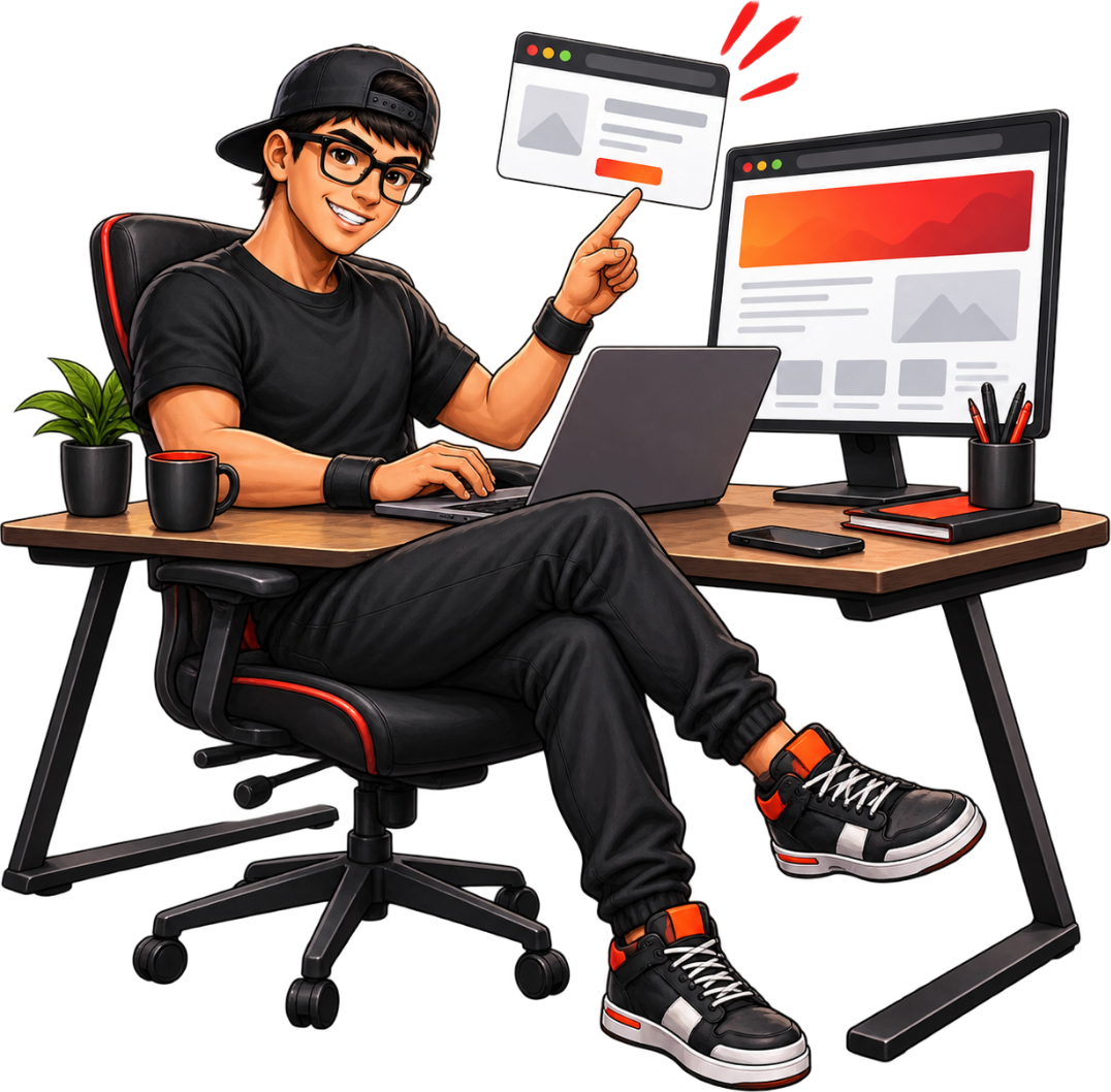 Bobby at his desk pointing at a page layout on screen